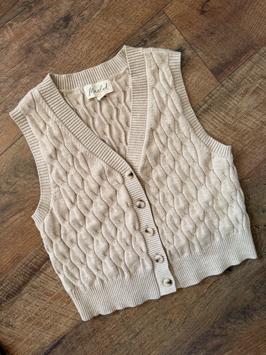 Marled Tops - Marled Oatmeal Cable Knit Button Vest